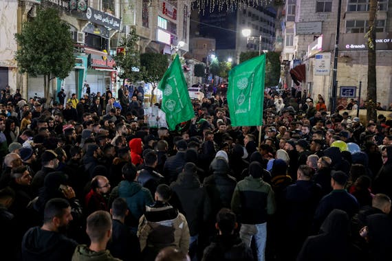 Hamas supporters in Ramallah in the West Bank protest after the death of Saleh al-Arouri. Source: AFP