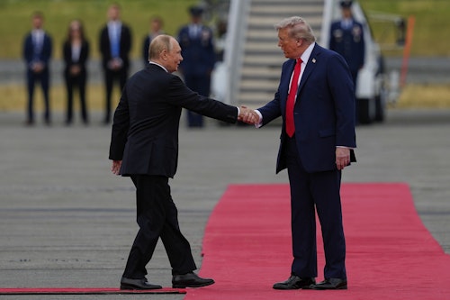 Military jets designed during Cold War fly overhead as Trump shakes hands with Putin